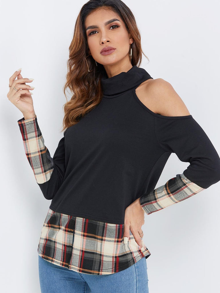 High Neck Cold Shoulder Grid Long Sleeve Black T-Shirts