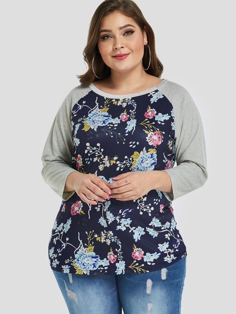 Round Neck Floral Print 3/4 Sleeve Curved Hem Grey Plus Size Tops
