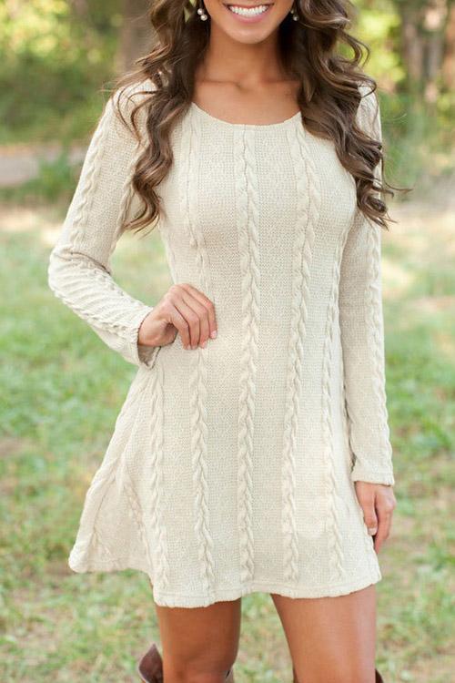 Beige Round Neck Long Sleeve Plain Mini Dress