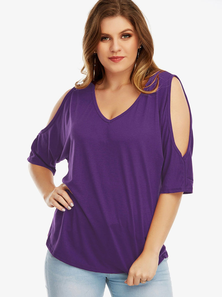 V-Neck Cold Shoulder Plain Half Sleeve Plus Size Tops