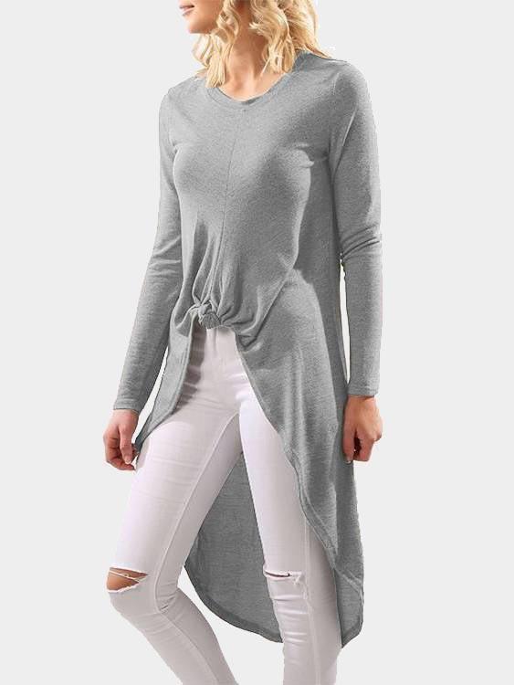 Round Neck Long Sleeve Irregular Hem Grey Top