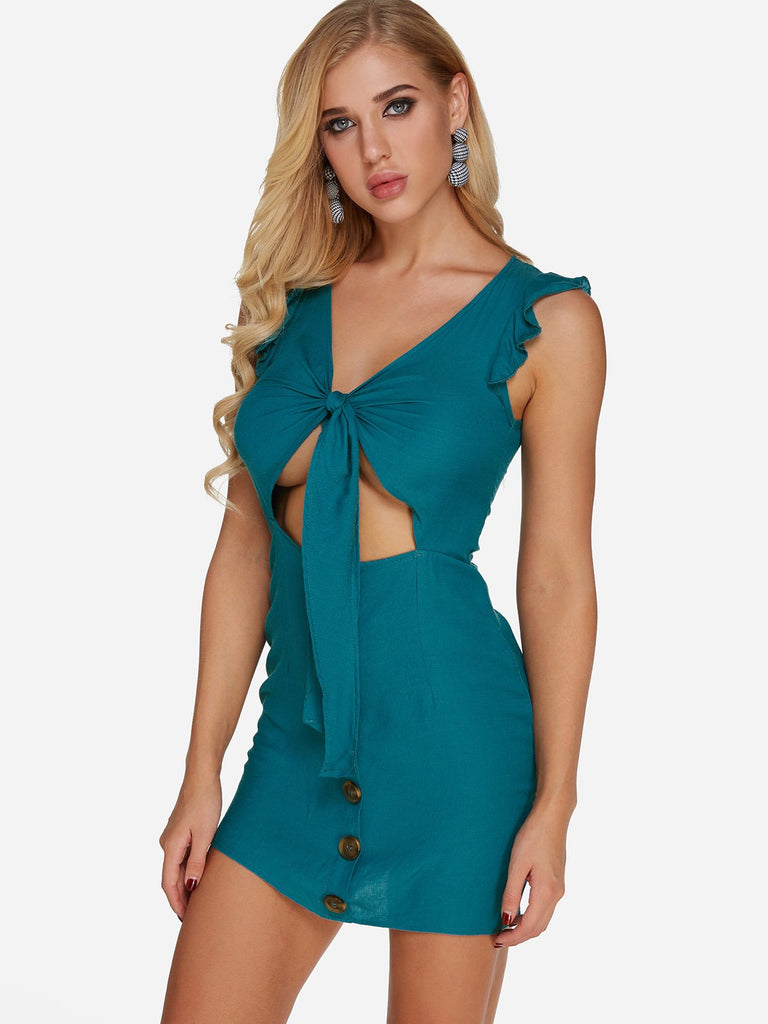 Green V-Neck Sleeveless Cut Out Self-Tie Bowknot Bodycon Hem Dresses