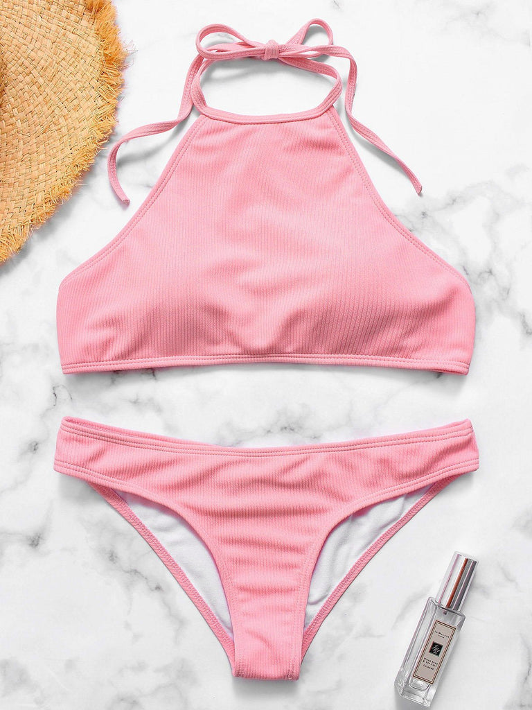 Pink Halter Plain Tie-Up Two Piece Bikinis