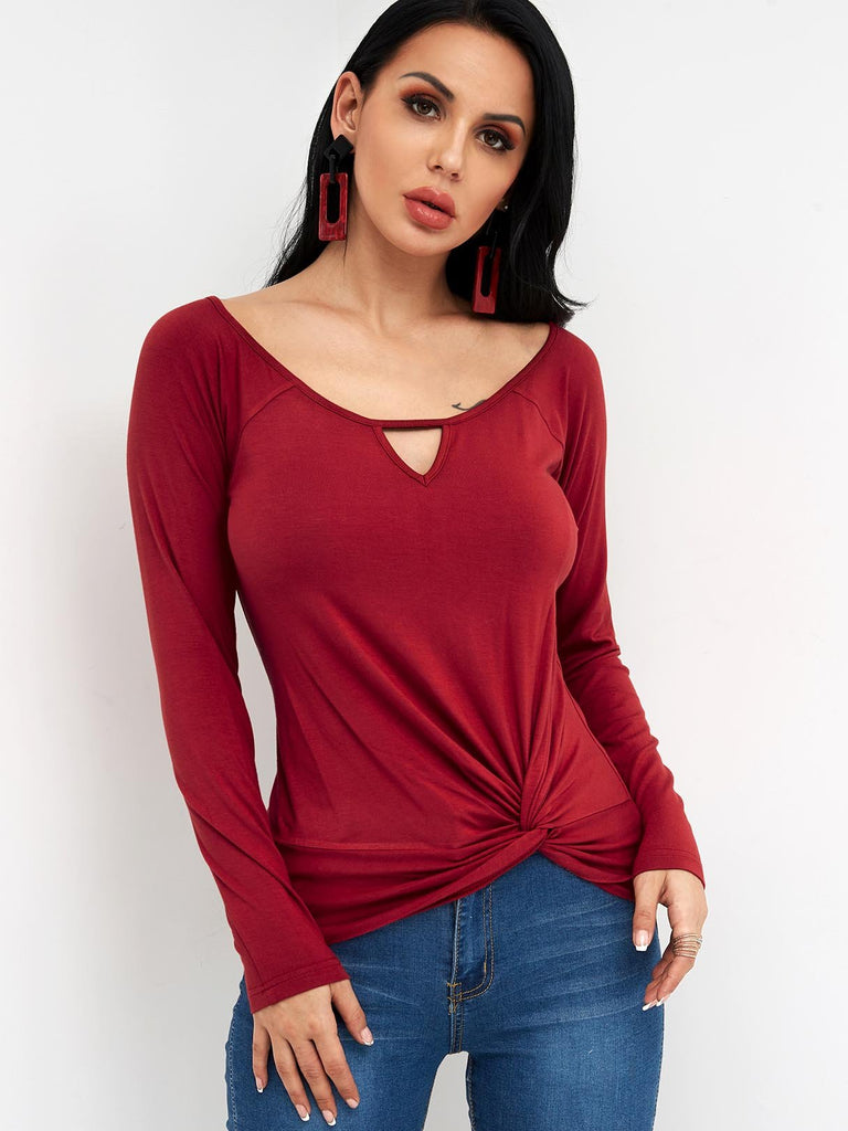 Scoop Neck Plain Long Sleeve Burgundy T-Shirts