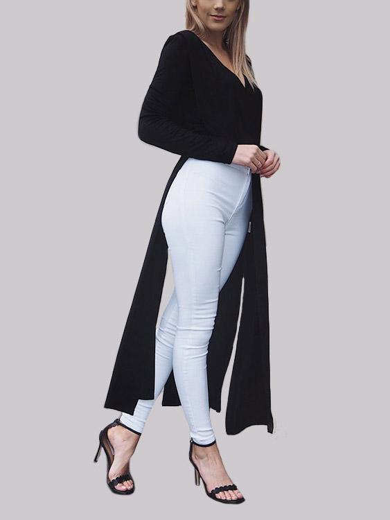 Black Crew Neck Long Sleeve Plain Slit Casual Dresses