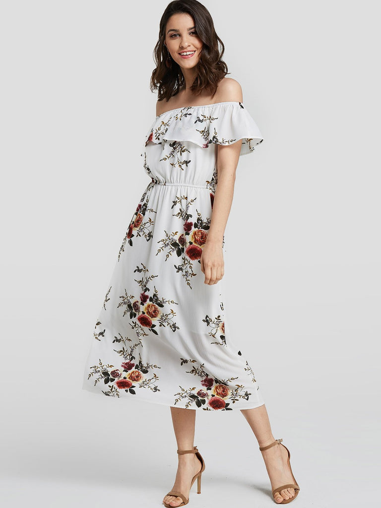 Off The Shoulder Floral Print Maxi Dress