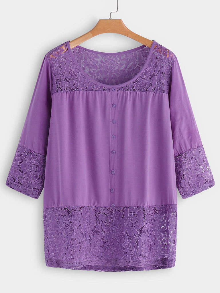Round Neck Lace 3/4 Sleeve Plus Size Tops