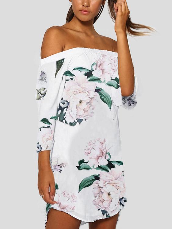 White 3/4 Sleeve Length Floral Print Curved Hem Dresses