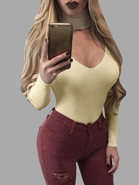 High Neck Long Sleeve Bodycon Hem Beige T-Shirts