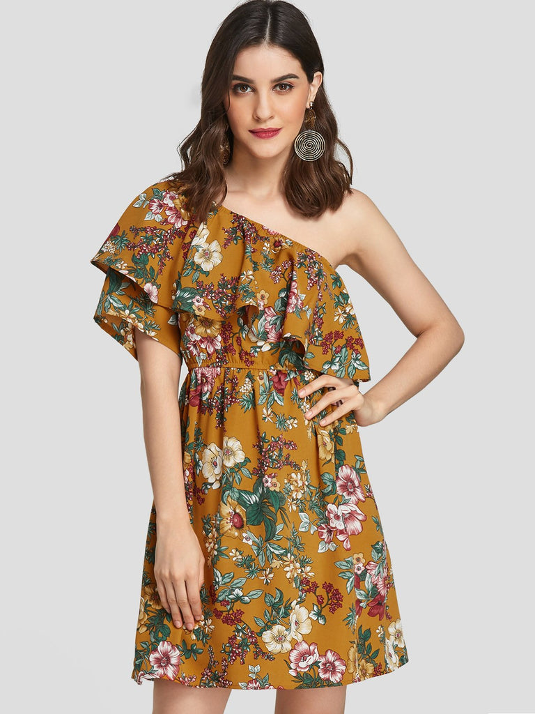 Yellow Asymmetrical Short Sleeve Floral Print Dresses