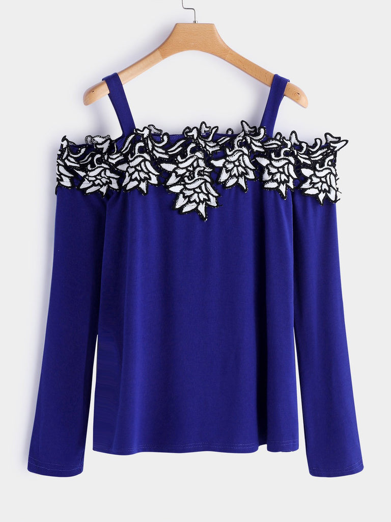 Cold Shoulder Plain Crochet Lace Embellished Backless Long Sleeve Blue Plus Size Tops