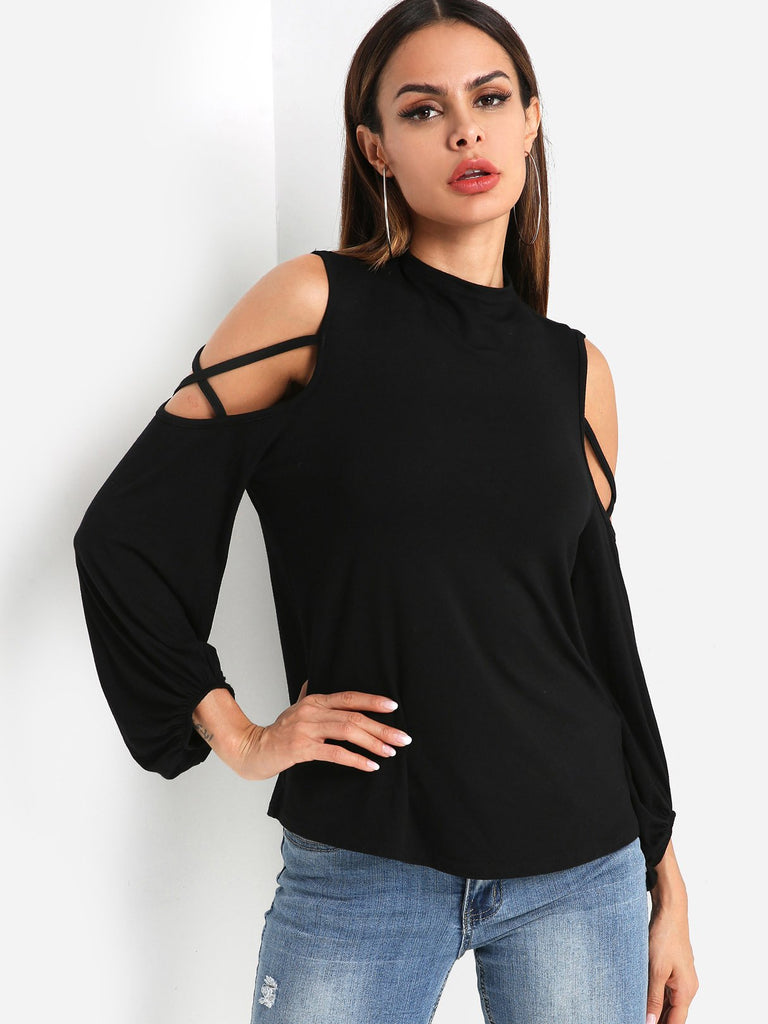 Round Neck Cold Shoulder Plain Long Sleeve Black T-Shirts