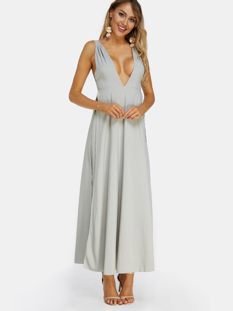 Grey Deep V Neck Sleeveless Plain Backless Slit Maxi Dress
