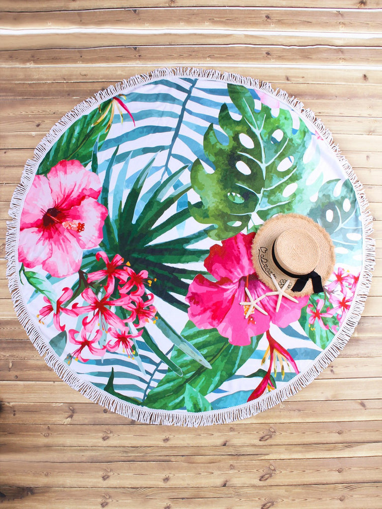 Circular Tessel Hem Floral Print Beach Towel