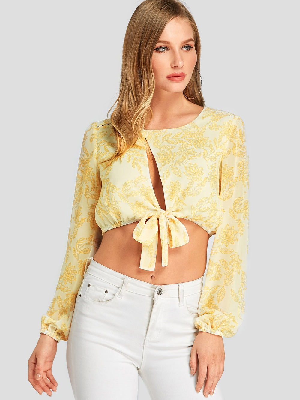 Round Neck Floral Print Cut Out Yellow Crop Top