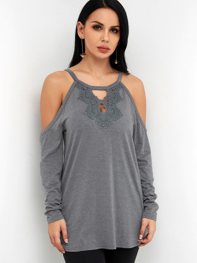 Round Neck Cold Shoulder Plain Lace Cut Out Tie-Up Long Sleeve Grey T-Shirts