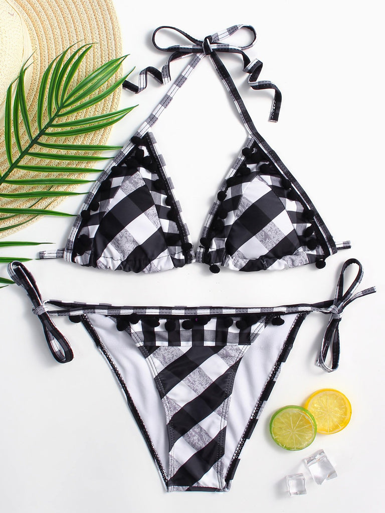 Halter Sleeveless Grid Backless Lace-Up Tassel Hem Two Piece Bikinis