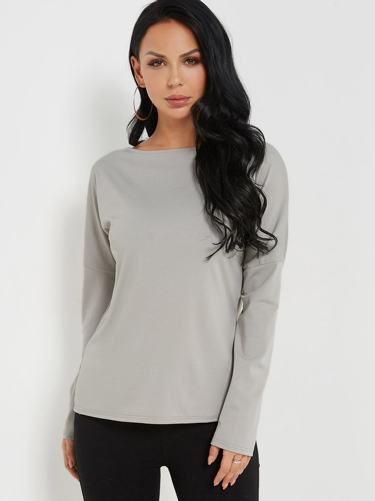 Crew Neck Plain Long Sleeve Grey Tee