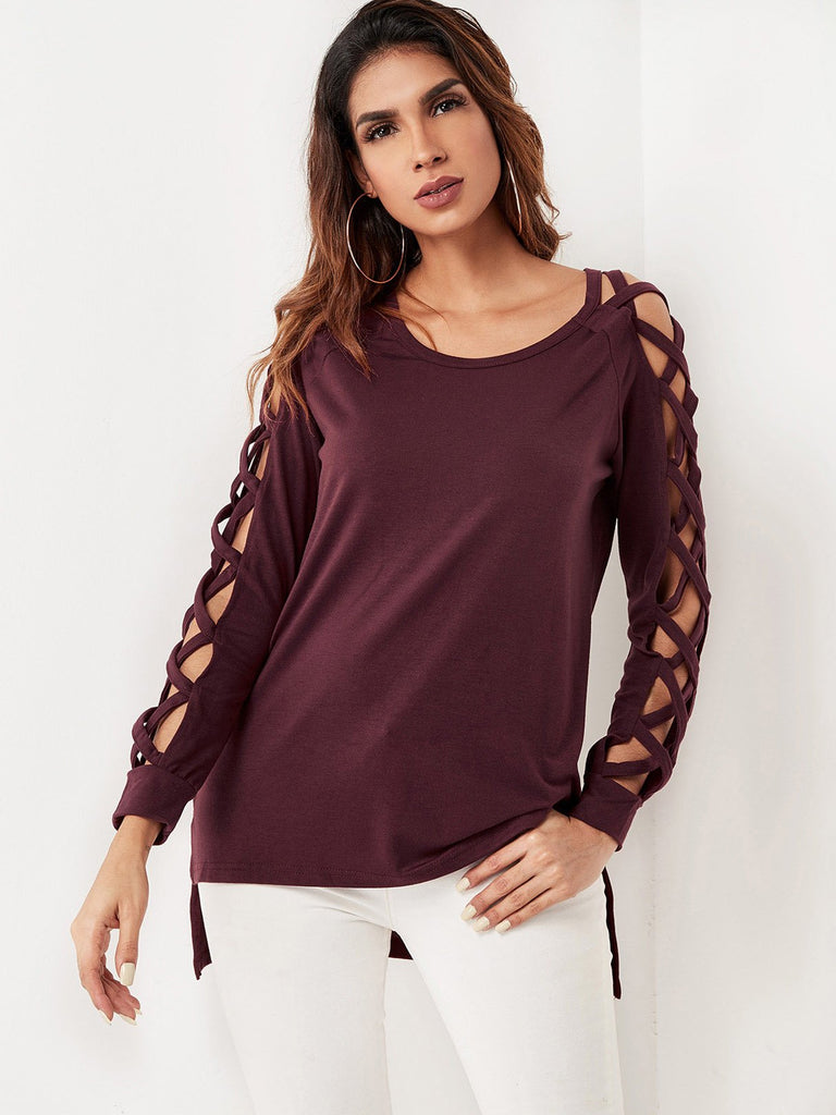 Round Neck Lace-Up Long Sleeve Burgundy T-Shirts