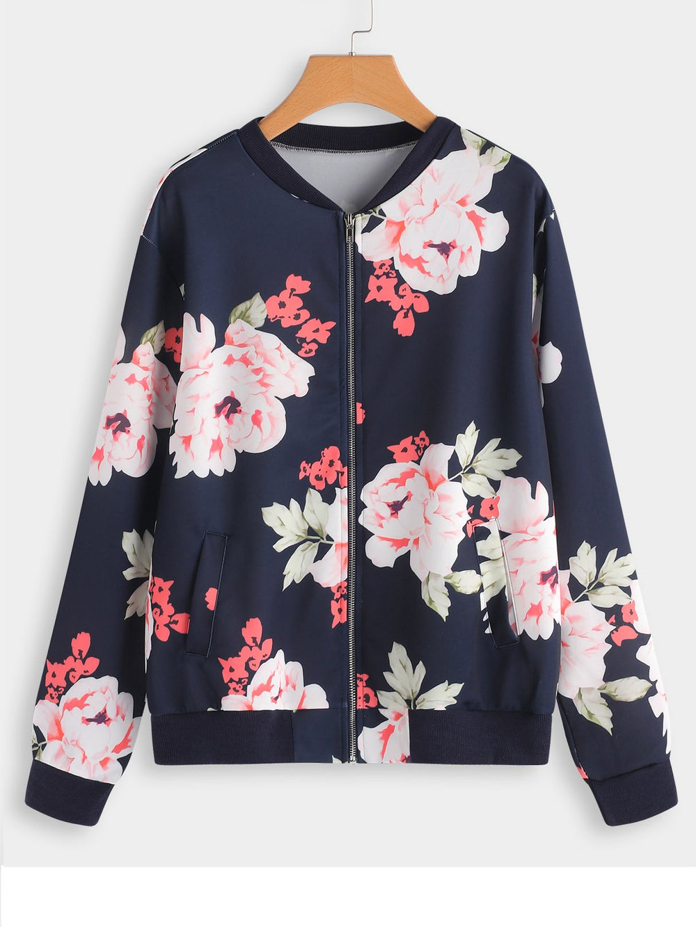 V-Neck Floral Print Zip Back Long Sleeve Plus Size Coats & Jackets