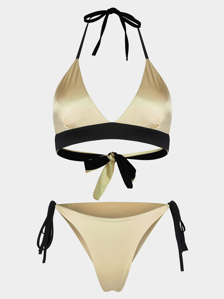 Khaki Halter Sleeveless Plain Backless Lace-Up Spaghetti Strap Bikinis