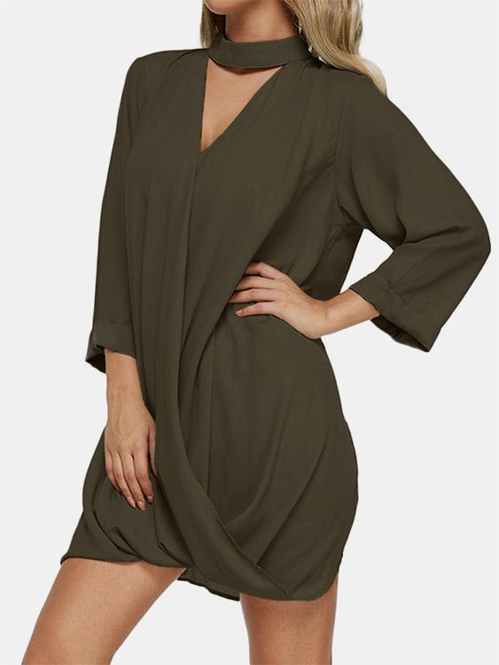 V-Neck 3/4 Sleeve Length Plain Crossed Front Cut Out Irregular Hem Casual Dresses