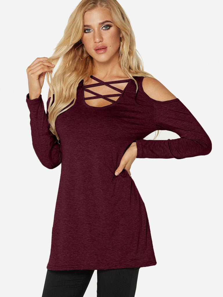 Cold Shoulder Plain Cut Out Long Sleeve Burgundy T-Shirts