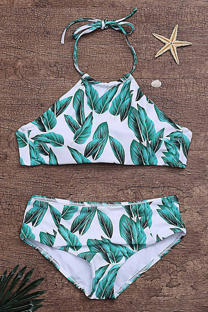 Green Halter Sleeveless Floral Print Bikinis