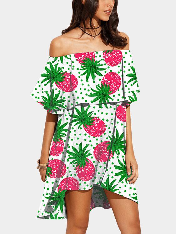 Off The Shoulder Floral Print Short Sleeve Irregular Hem Dresses