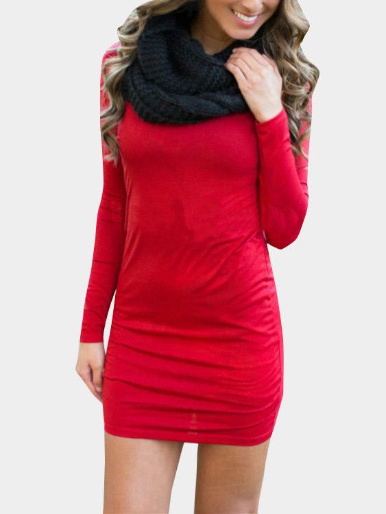 Red Round Neck Long Sleeve Plain Mini Dress