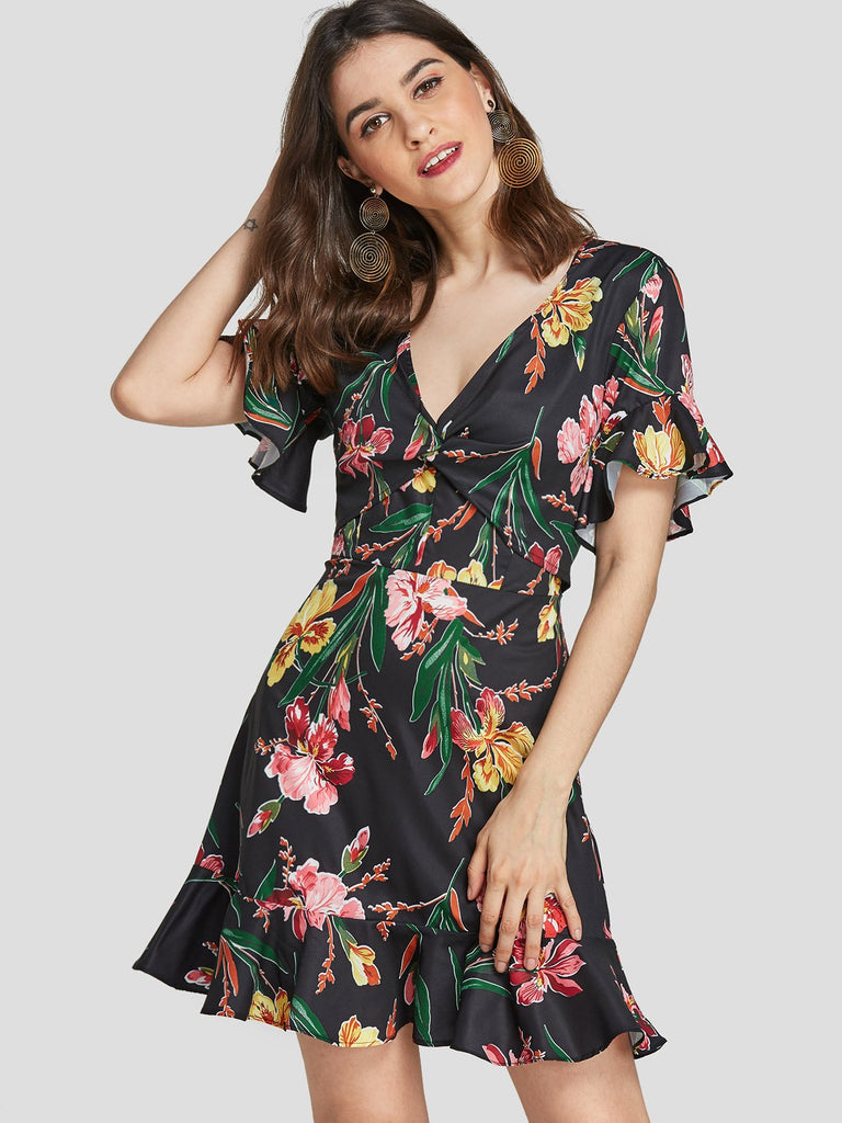 Black V-Neck Short Sleeve Floral Print Flounced Hem Mini Dresses