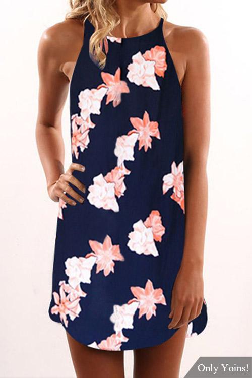 Navy Round Neck Sleeveless Floral Print Curved Hem Dresses