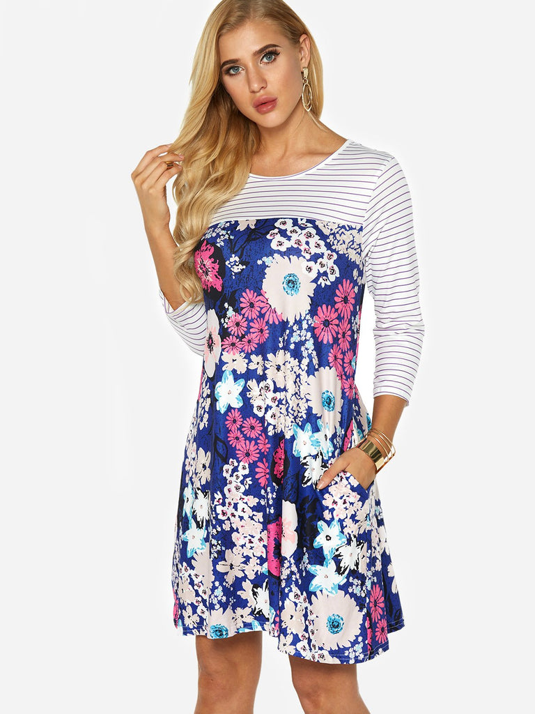 Round Neck Long Sleeve Stripe Floral Print Side Pockets Dresses