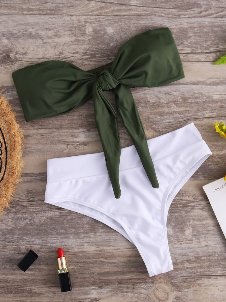 Off The Shoulder Sleeveless Self-Tie Bikinis