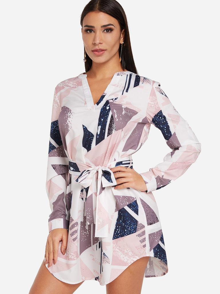 White Round Neck Long Sleeve Geometrical Lace-Up Curved Hem Dresses