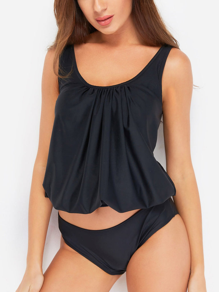 Scoop Neck Sleeveless Geometrical Pleated Tankinis