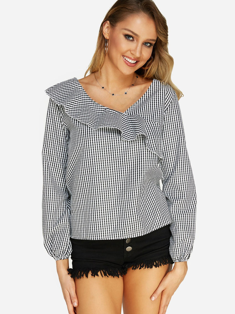 V-Neck Grid Long Sleeve Grid Blouses