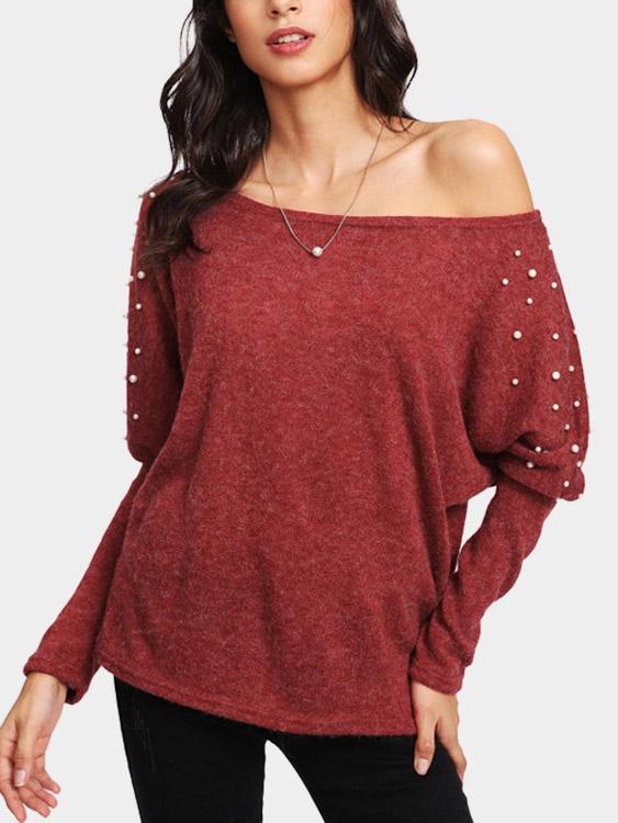 Round Neck One Shoulder Handmade Beaded Long Sleeve Rust Top