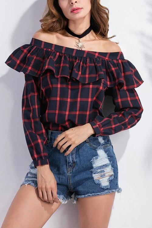 Off The Shoulder Grid Long Sleeve T-Shirts