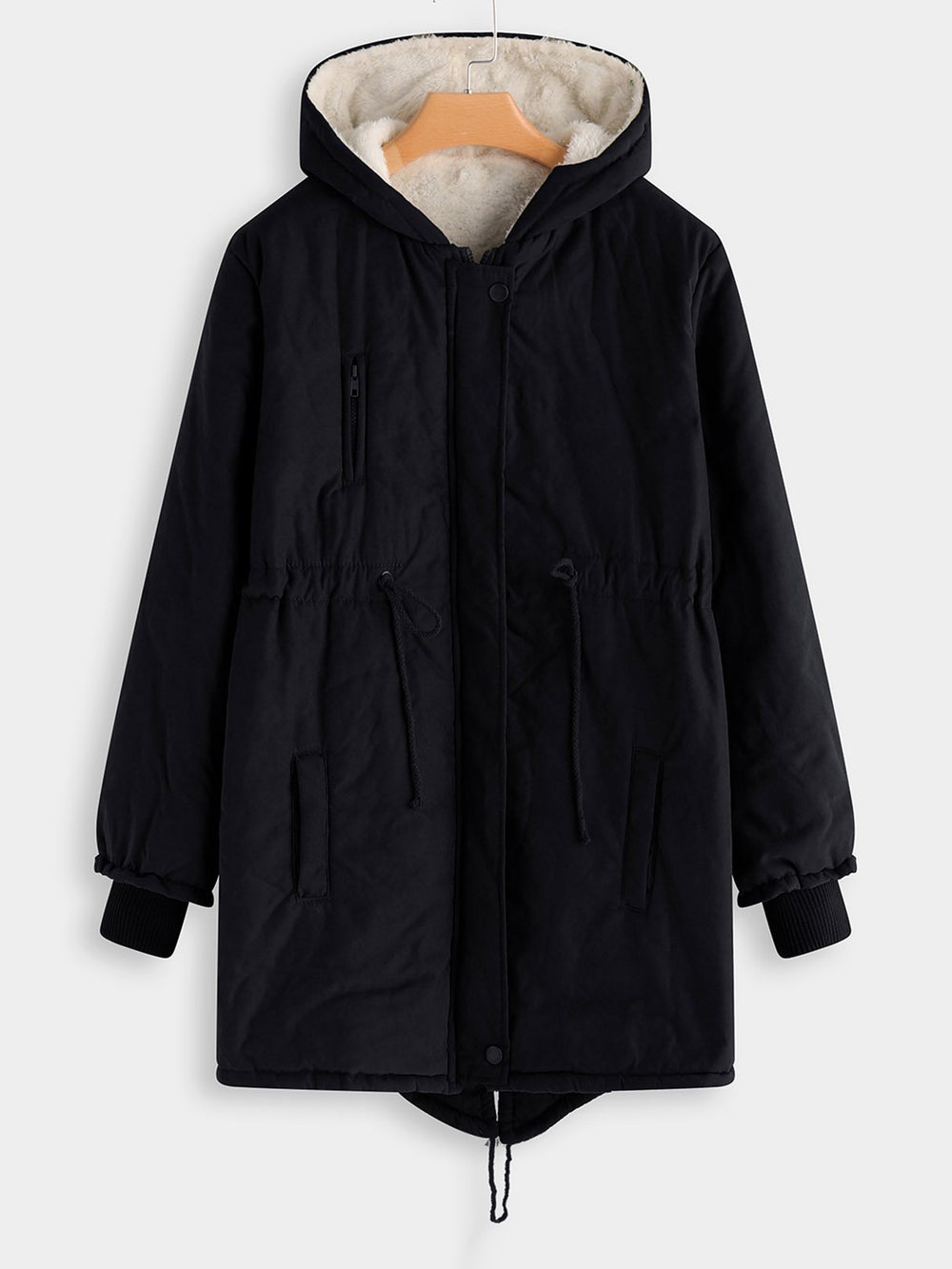 Plain Zip Back Hooded Long Sleeve Black Plus Size Coats & Jackets
