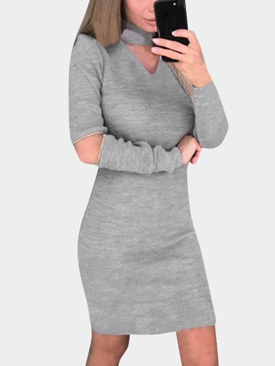 Grey Crew Neck Halter Long Sleeve Plain Zip Back Hollow Cut Out Casual Dresses