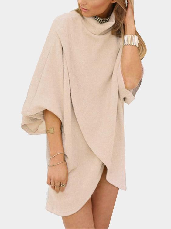 High Neck Half Sleeve Plain Crossed Front Curved Hem Mini Dresses