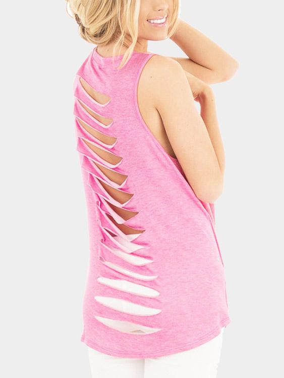 Round Neck Hollow Cut Out Sleeveless Pink Camis