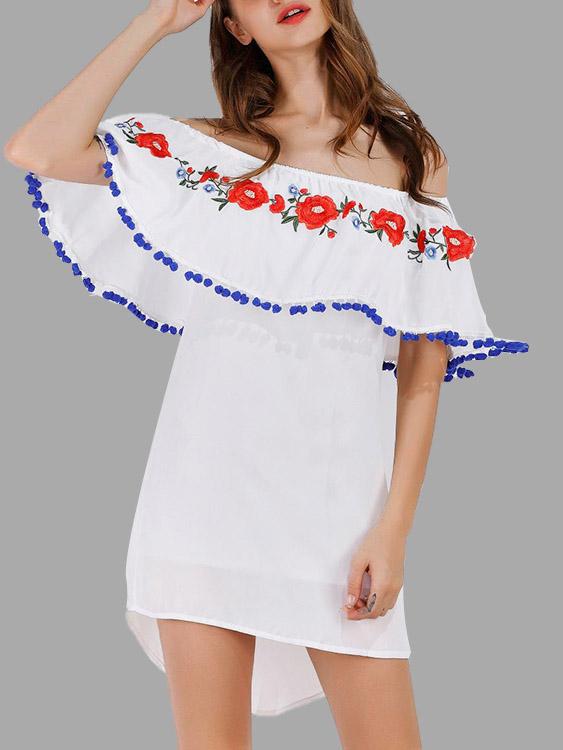 White Off The Shoulder Short Sleeve Embroidered Tassel Sexy Dresses