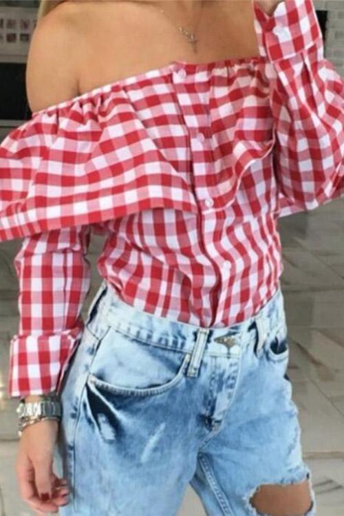 Off The Shoulder Grid Long Sleeve Blouses