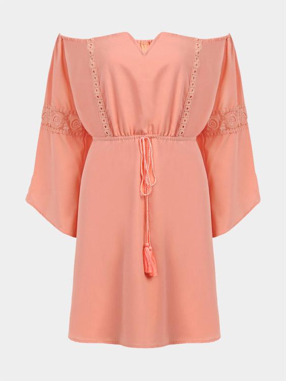 Orange Off The Shoulder 3/4 Sleeve Length Crochet Lace Embellished Mini Dress