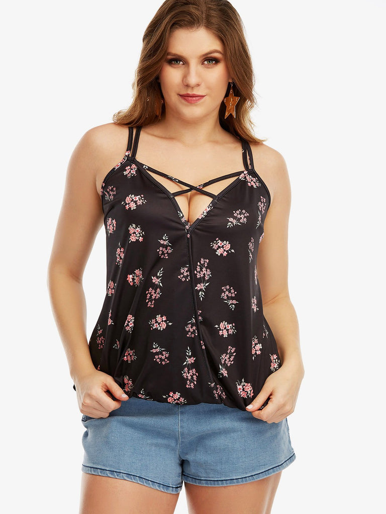 V-Neck Floral Print Calico Criss-Cross Sleeveless Black Plus Size Tops