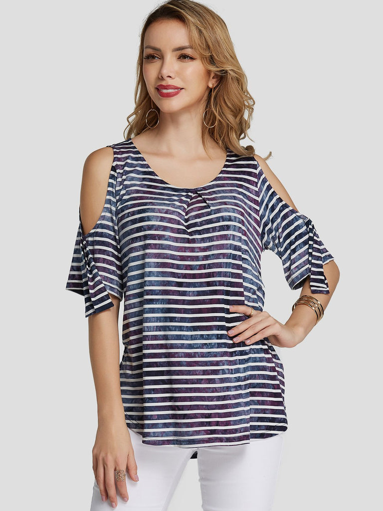 Cold Shoulder Stripe Printed Half Sleeve T-Shirts