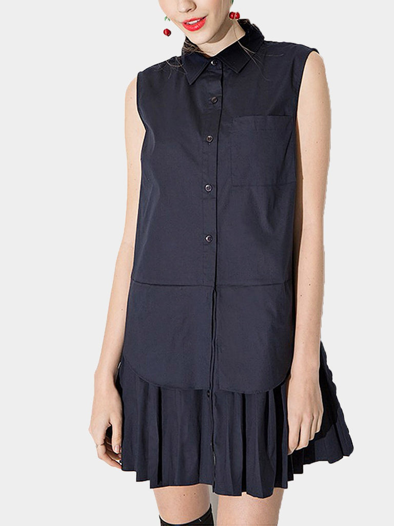 Navy Lapel Collar Sleeveless Ruffle Hem Shirt Dress