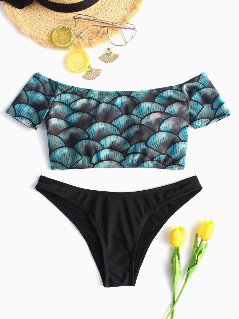 Blue Off The Shoulder Short Sleeve Printed Two Piece Bikinis